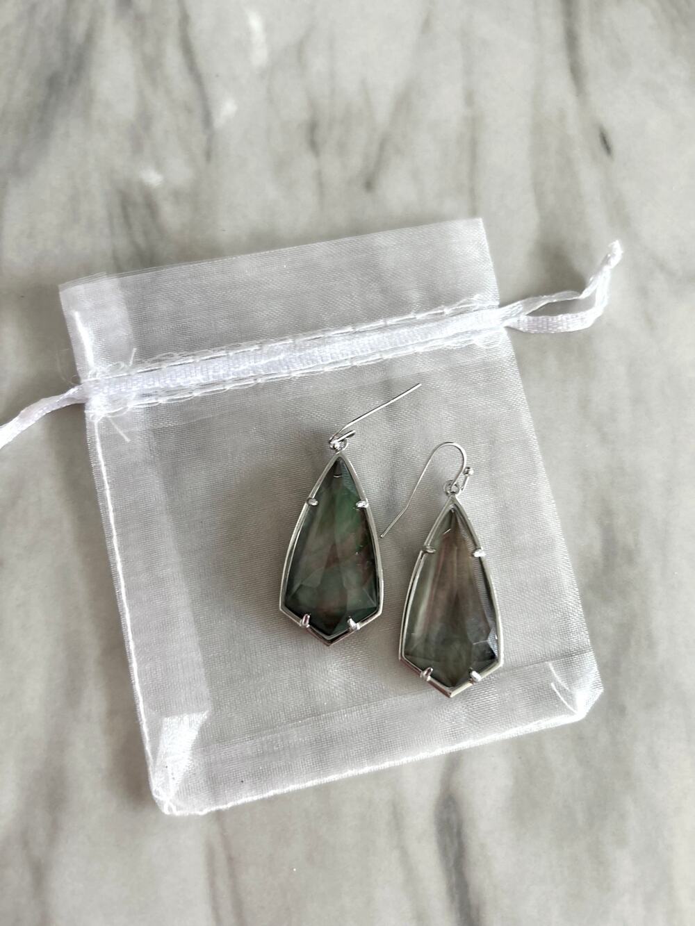 Kendra Scott Carla Silver & Grey Green Watercolor Stone Drop Earrings